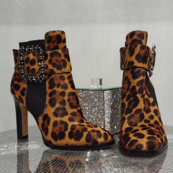 Karl Lagerfeld Vania Calf Hair Rhinestone Ankle Boots Animal High Heel Leopard - Picture 9 of 10